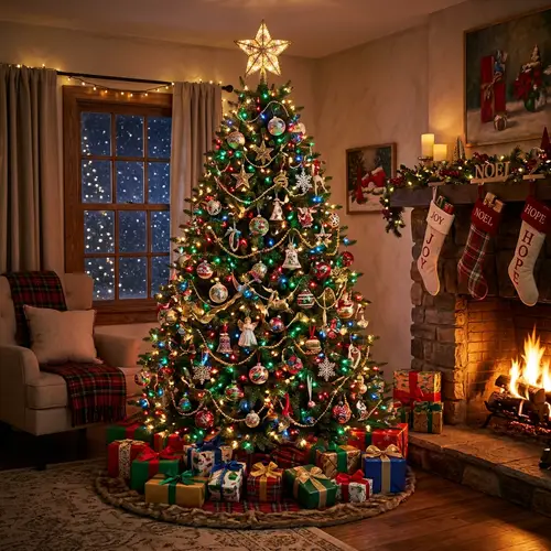 Beautiful Christmas Tree with Colorful Lights and Ornaments