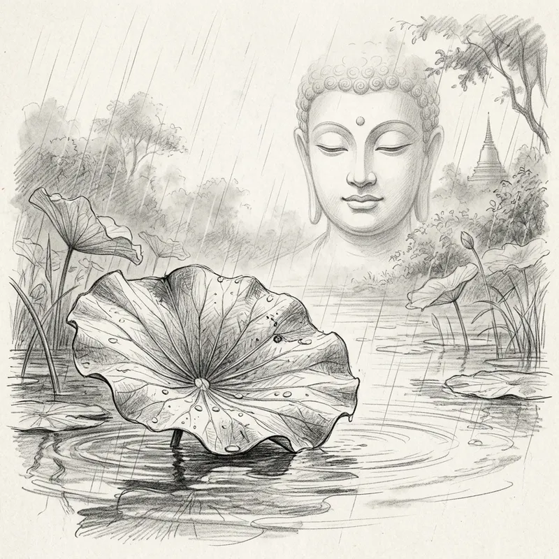 Pencil Sketch: Lotus Leaf & Buddha in Rain