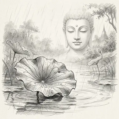 Pencil Sketch: Lotus Leaf & Buddha in Rain