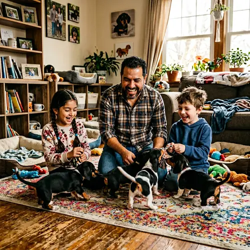 Hispanic Dachshund Breeder Playing with Tricolor Puppies