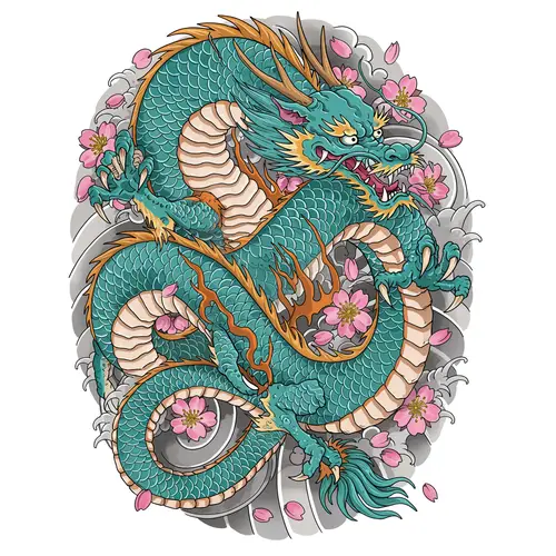 Majestic Dragon Tattoo Design with Cherry Blossoms
