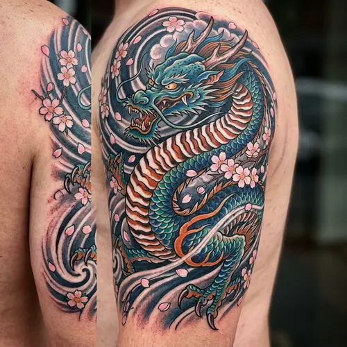 Majestic Dragon Tattoo Design with Cherry Blossoms