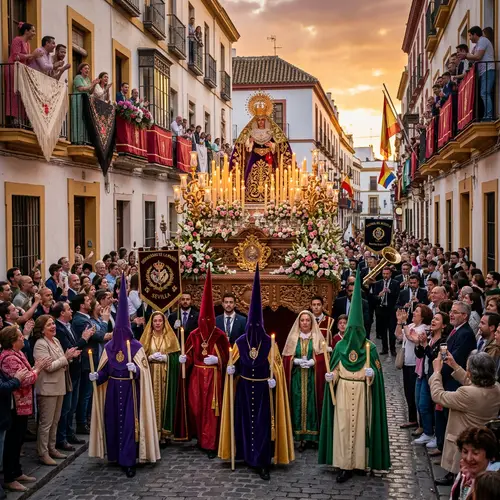 Vibrant La Semana Santa Celebration with Colorful Floats and Regal Attire