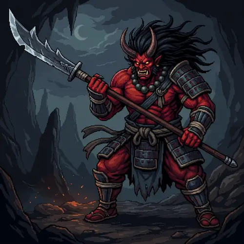 Pixel Art Male Oni with Glaive - Mythical Warrior