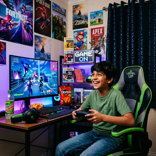 Joyful South Asian Boy Playing Modern Video Game