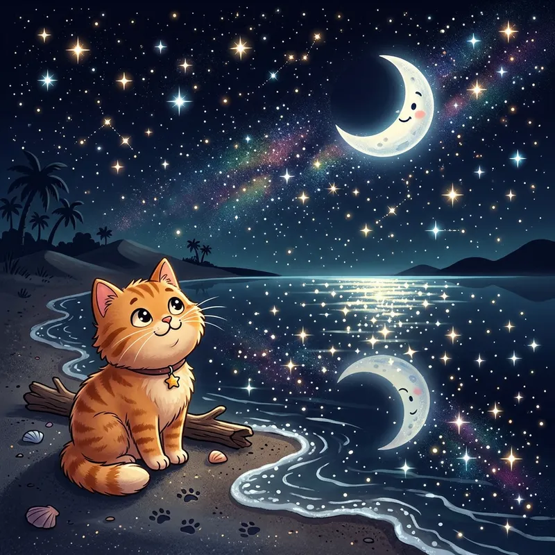 Cartoon Cat on Beach Under Clear Night Sky with Moon and Stars
