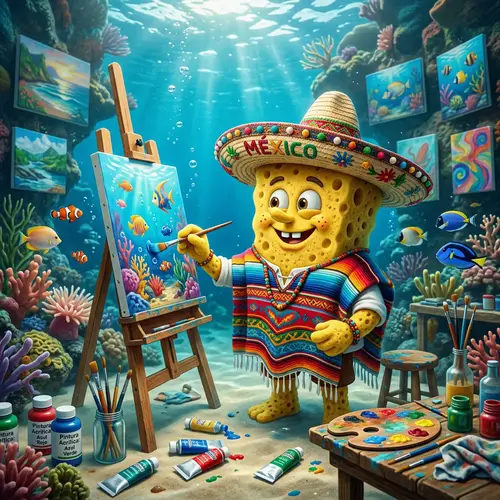Spongebob Mexican Artist: Colorful Sea Sponge Paintbrush Easel