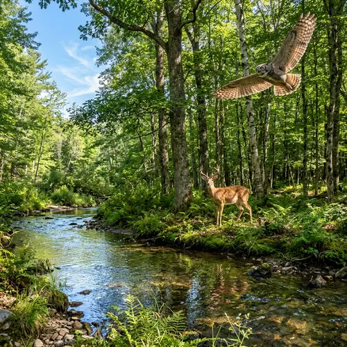 Forest Wildlife Interaction: Deer, Owl, and Stream