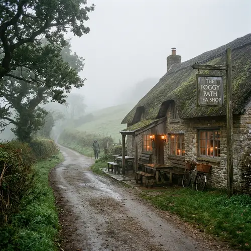 Charming Old Countryside Tea Shop in Foggy Setting