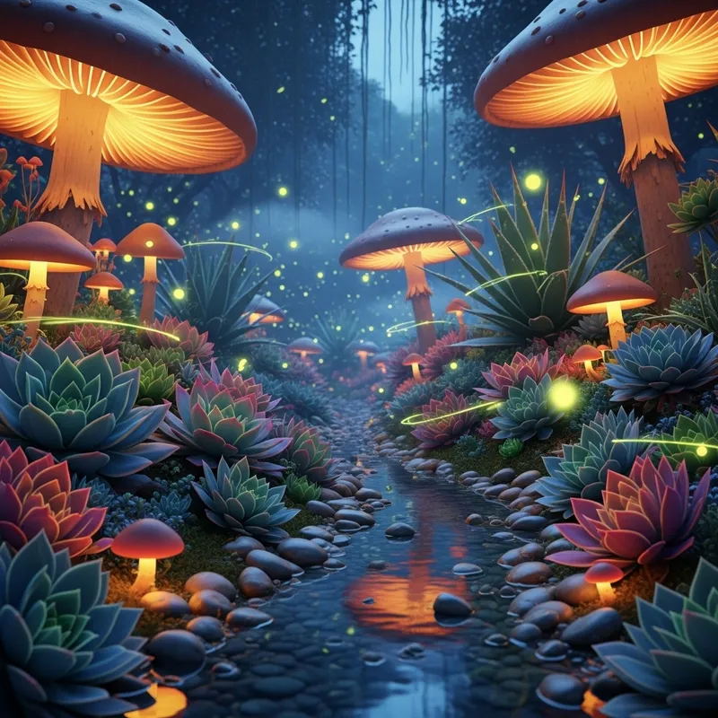 Fantasy Succulent Garden with Fireflies and Mushrooms