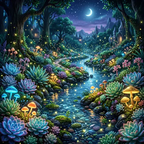 Fantasy Succulent Garden with Fireflies and Mushrooms