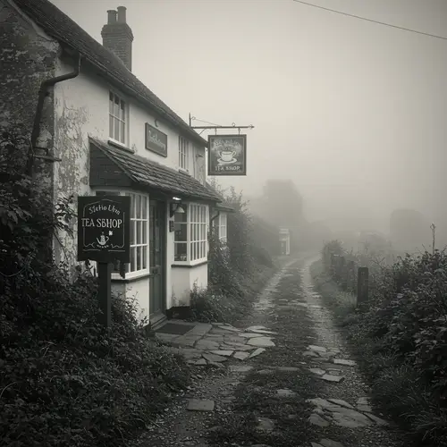 Charming Old Countryside Tea Shop in Foggy Setting