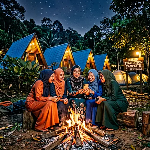 Malay Women in Baju Kurung Enjoying Campfire with Friends | Dusun Staycation Campsite