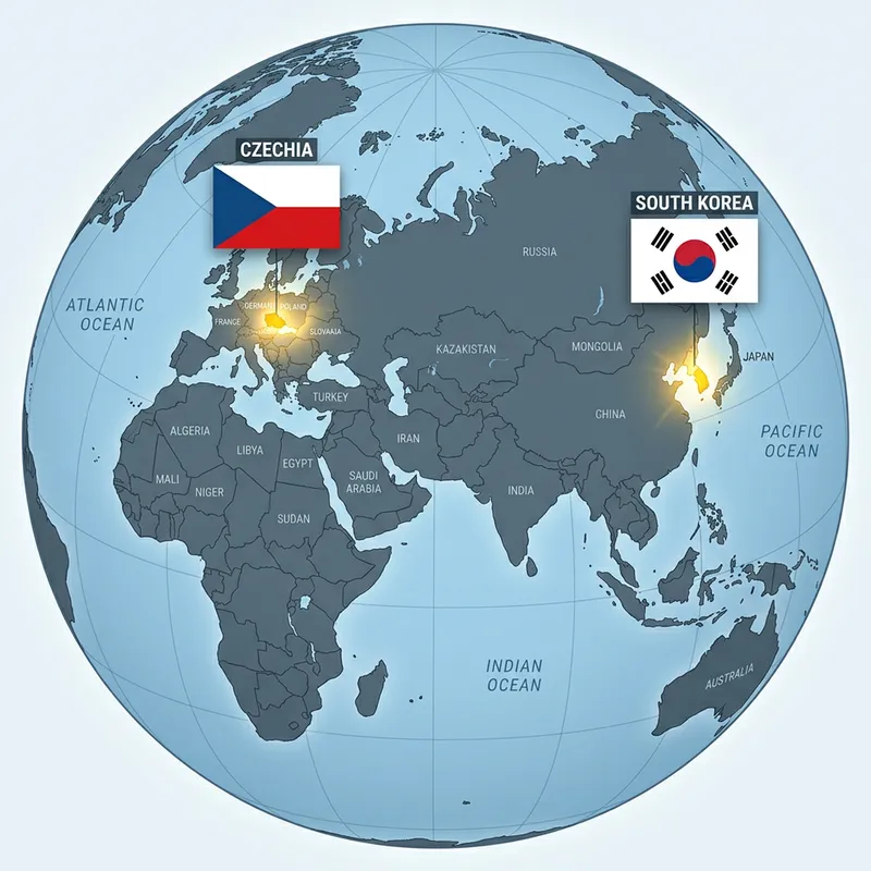 Czechia and South Korea Flags Highlighted on World Map