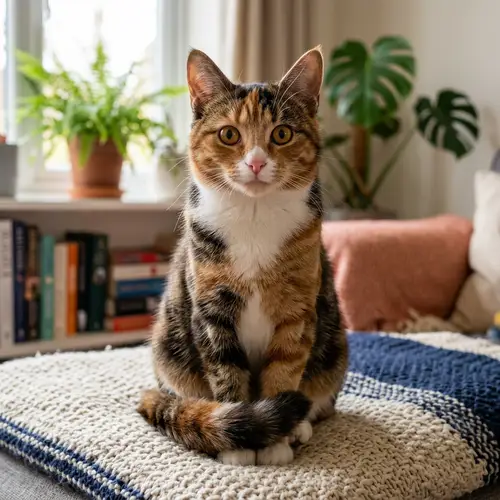 Multicolored Domestic Short-Haired Cat | Cute Cat with Fluffy Tail