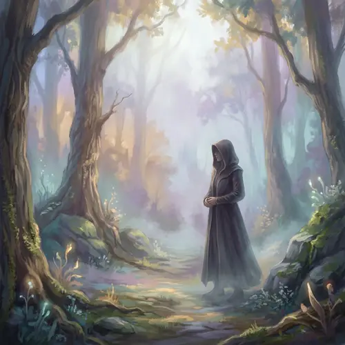 Mysterious Figure in Foggy Forest - Dreamlike Fantasy Painting