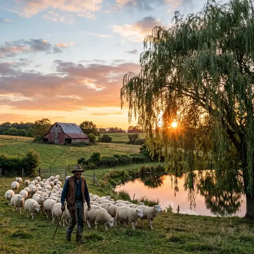 Unique Sunset Behind Weeping Willow Tree in Rural Landscape