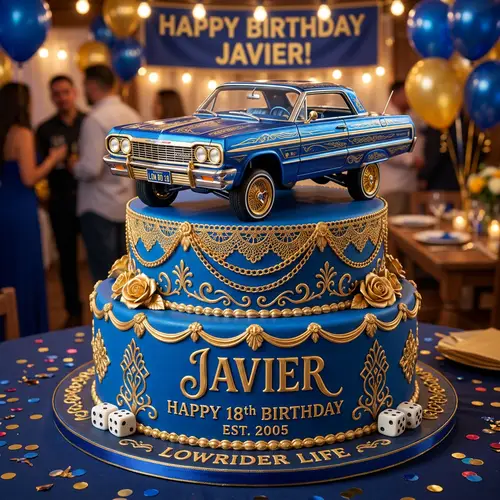 Royal Blue & Gold Low Rider Car Birthday Cake