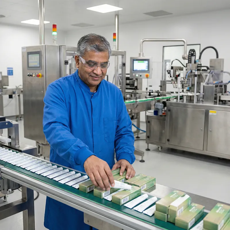 Dedicated Man Ensuring Precise Ointment Packing Dedicated Man Ensuring Precise Ointment Packing