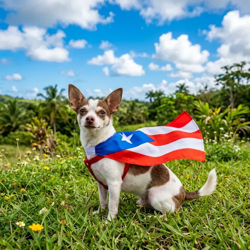 White and Brown Chihuahua in Puerto Rican Flag Cape