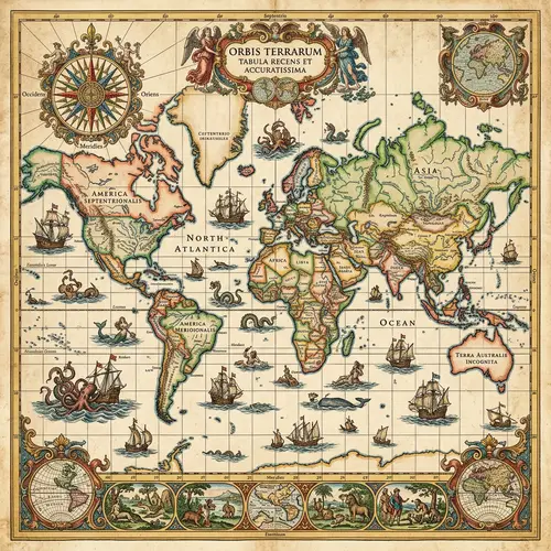 Antique World Map: Explore Continents and Mythical Creatures