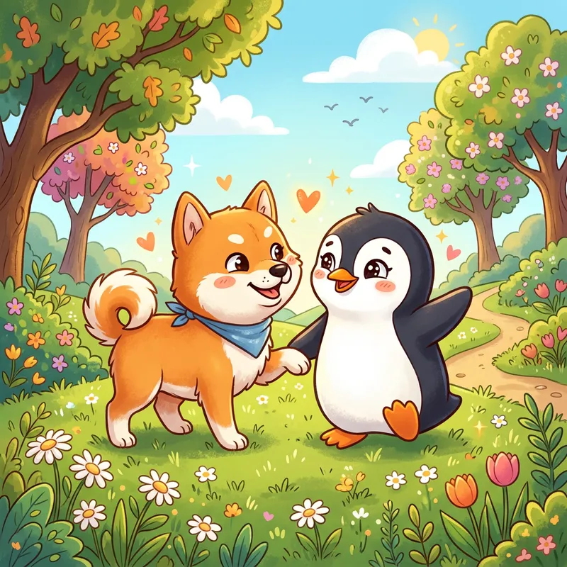 Cute Shiba Inu and Penguin Love Cartoon Cute Shiba Inu and Penguin Love Cartoon