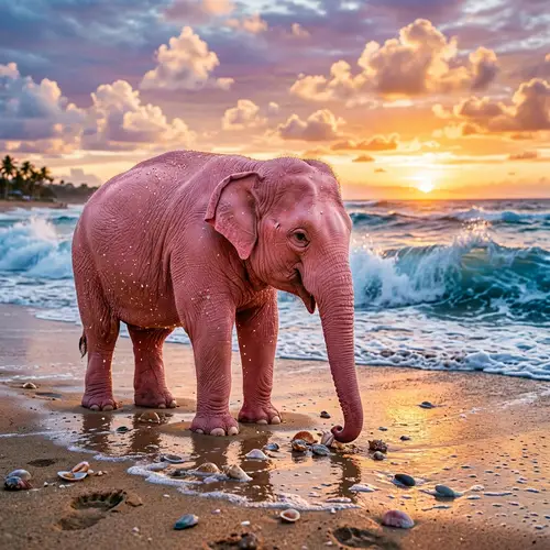 Pink Elephant on Beach with Sunset Sky | Friendly Seashell Observer
