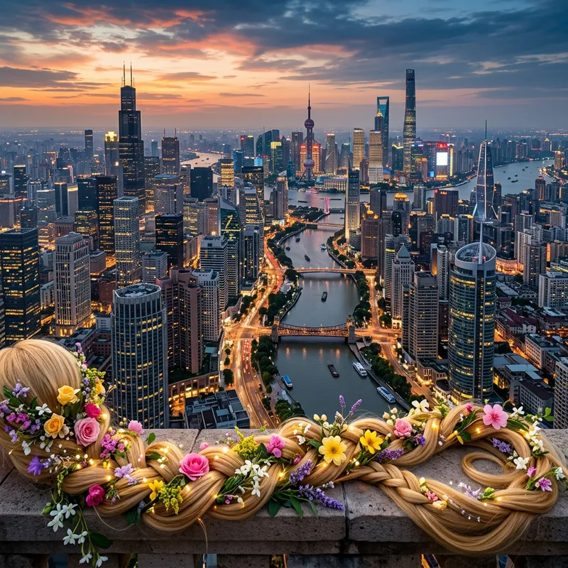 Breathtaking Cityscape with Rapunzel's Hair and Flowers