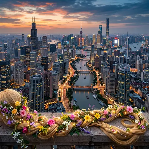 Modern Skyline with Rapunzel's Hair and Flowers