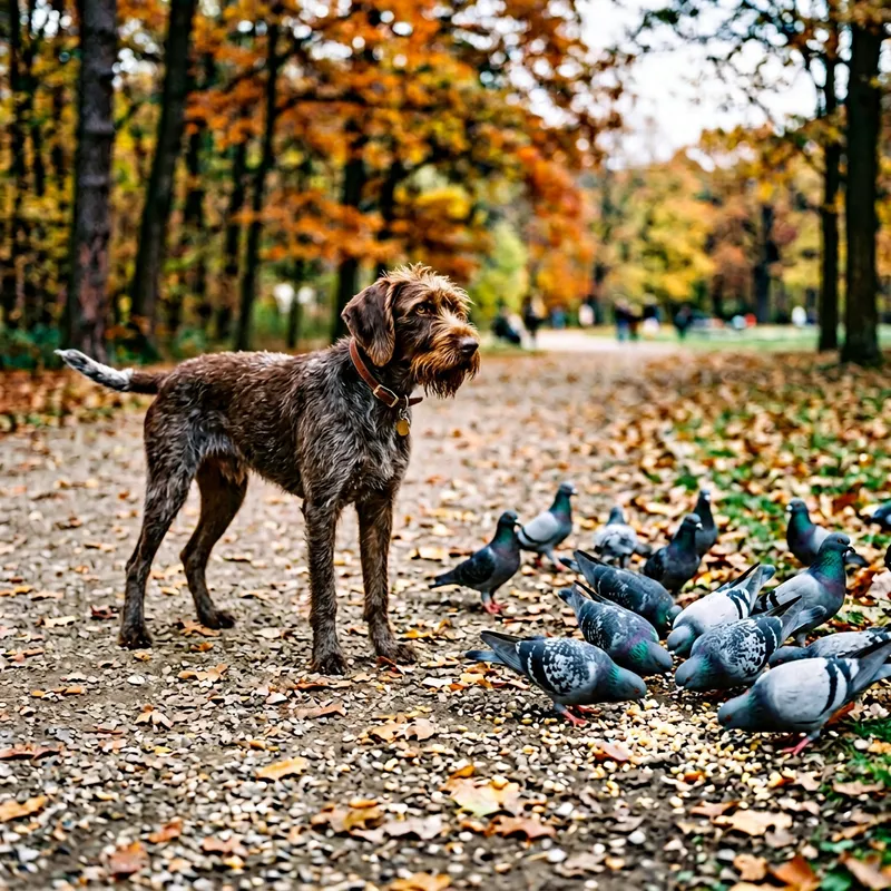 Pudelpointer Dog Playfully Watching Pigeons