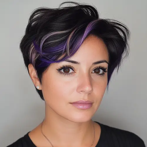 Chic Short Black Hair with Violet & Blonde Highlights