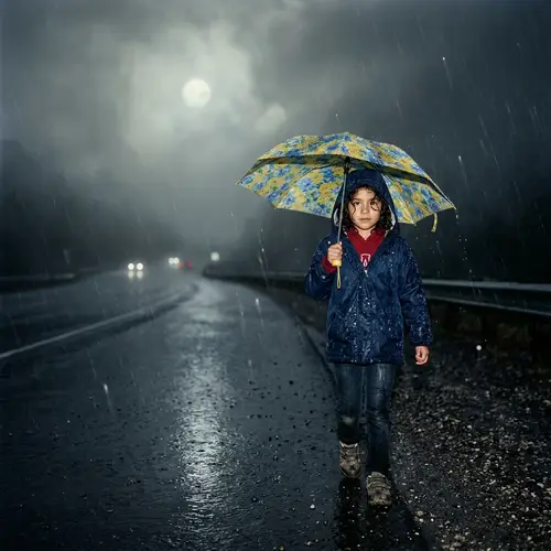 Hispanic Girl Walking in Rain Storm on Desolate Highway