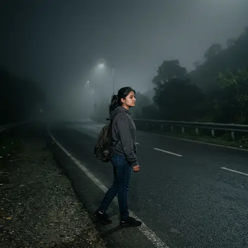 South Asian Girl Strolling on Foggy Highway at Night