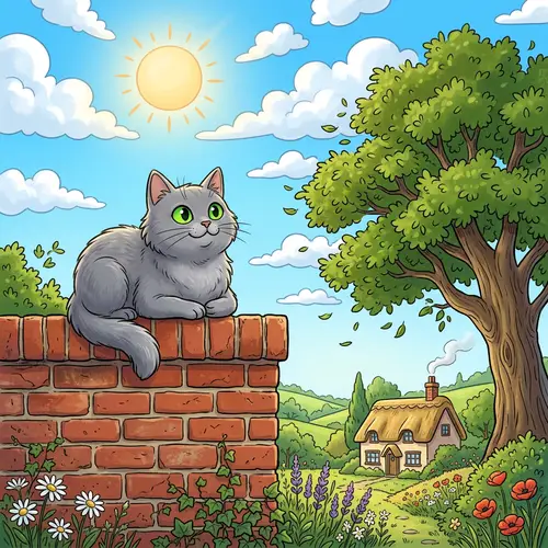 Colorful Cartoon Scene: Grey Cat on Red Brick Wall with Oak Tree and Blue Sky