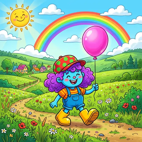 Colorful Cartoon Scene in a Green Field