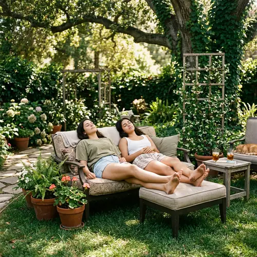 Relaxed Hispanic Women Lounging in Serene Environment