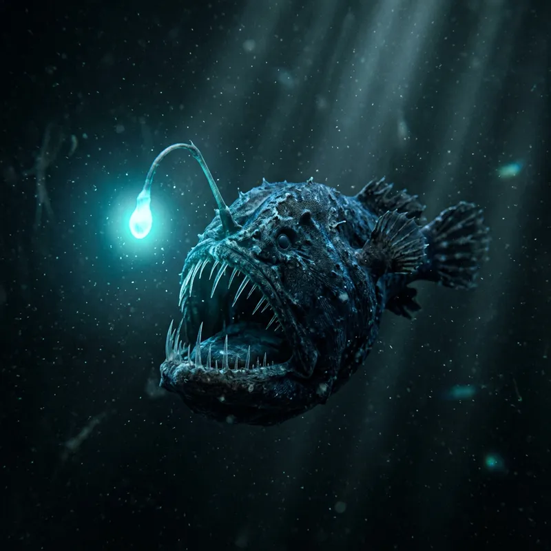 Angler Fish with Wide Open Jaw in Deep Sea Scene