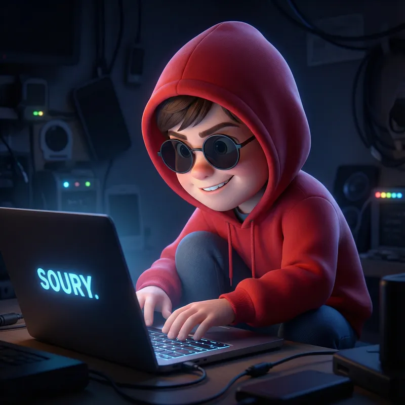 3D Pixar-Style Cartoon of a Young Hacker