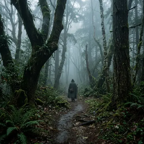 Mysterious Figure in a Foggy Forest Scene