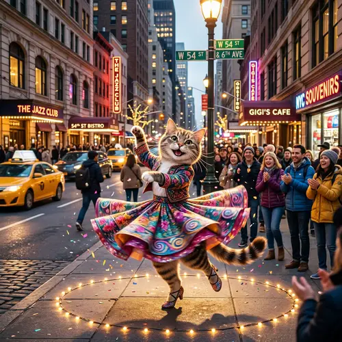 Whimsical Feline Dances in New York City - 54th Street Scene