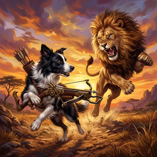 Surreal Wildlife Art: Brave Border Collie vs. Golden Lion
