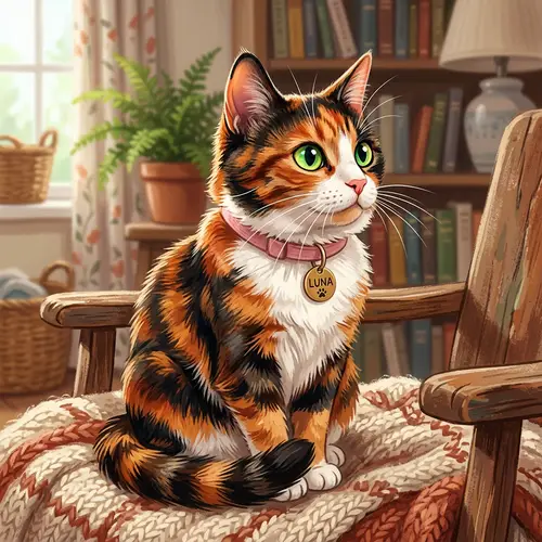 Vibrant Calico Pattern Domestic Cat | Green Eyes & Pink Collar
