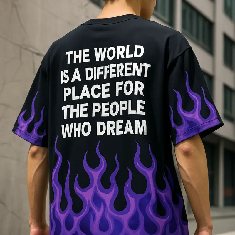 Stylish Oversized Black T-Shirt with Purple Flames