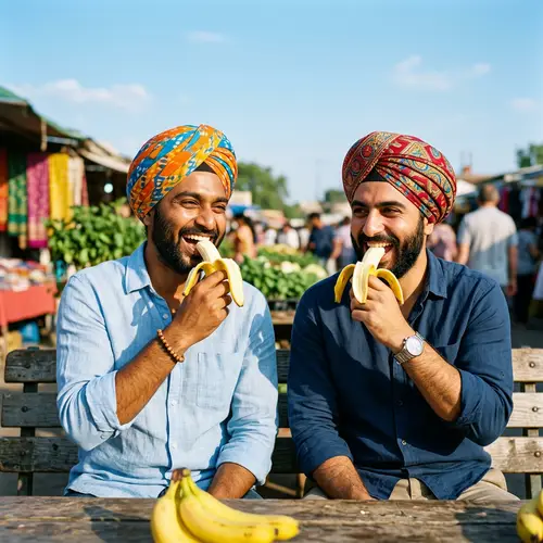 Vibrant Turban-Wearing Men Enjoying Bananas Outdoors