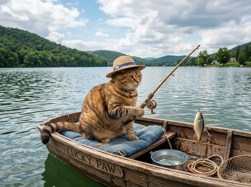 Adorable Tabby Cat Fishing in a Wooden Boat