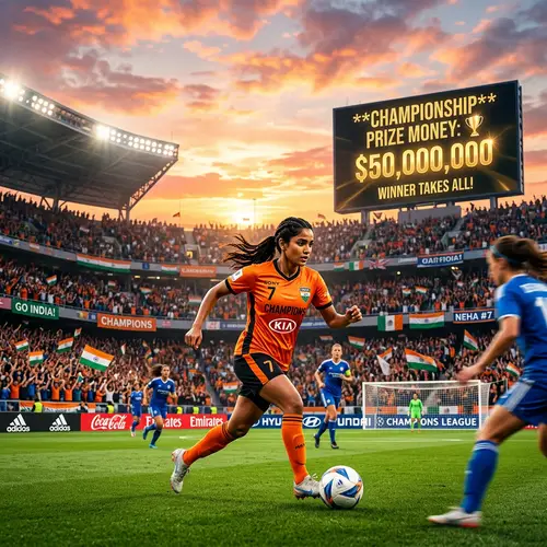 Championship Football Match with Female Soccer Star Dribbling Ball