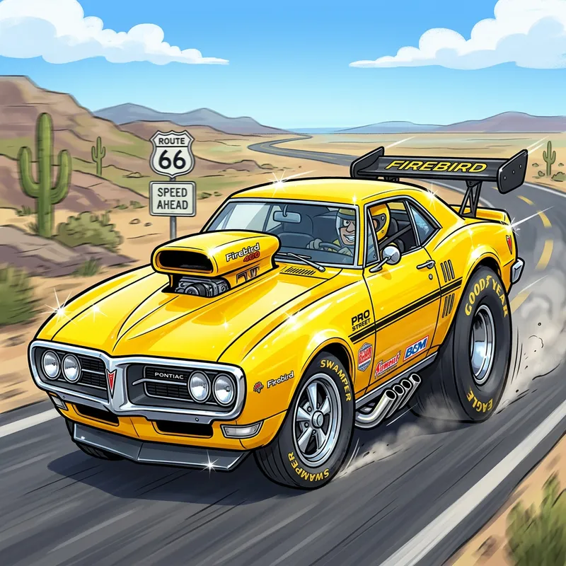 Yellow Pro Street 1967 Firebird Cartoon Design