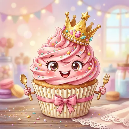 Whimsical Cupcake Mascot with Golden Crown