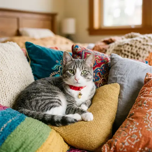 Medium-Sized Grey and White Striped Cat Relaxing on Colorful Pillows