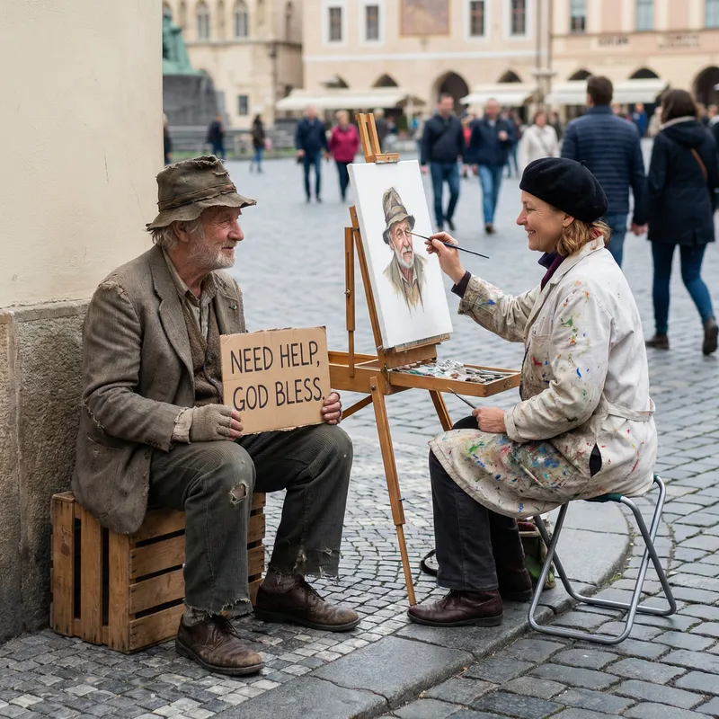 Beggar Posing for Painter - Art in Progress
